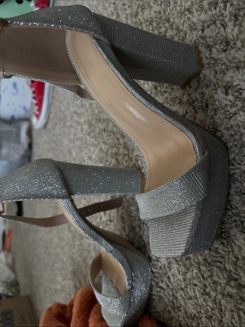 Silver Glitter Platform Block Heel Sandals for Women